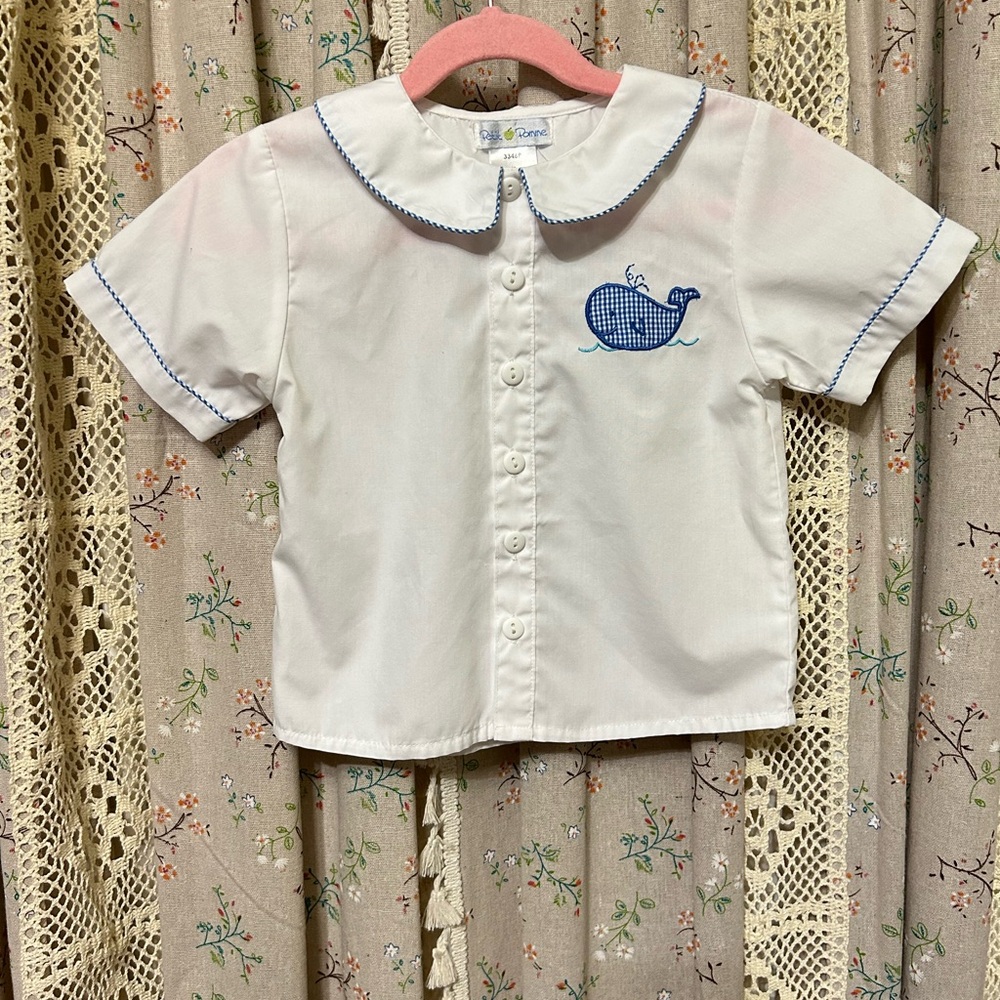 4/$25 Petit Pomme Whale Embroidered Peter Pan Collar Shirt 3T